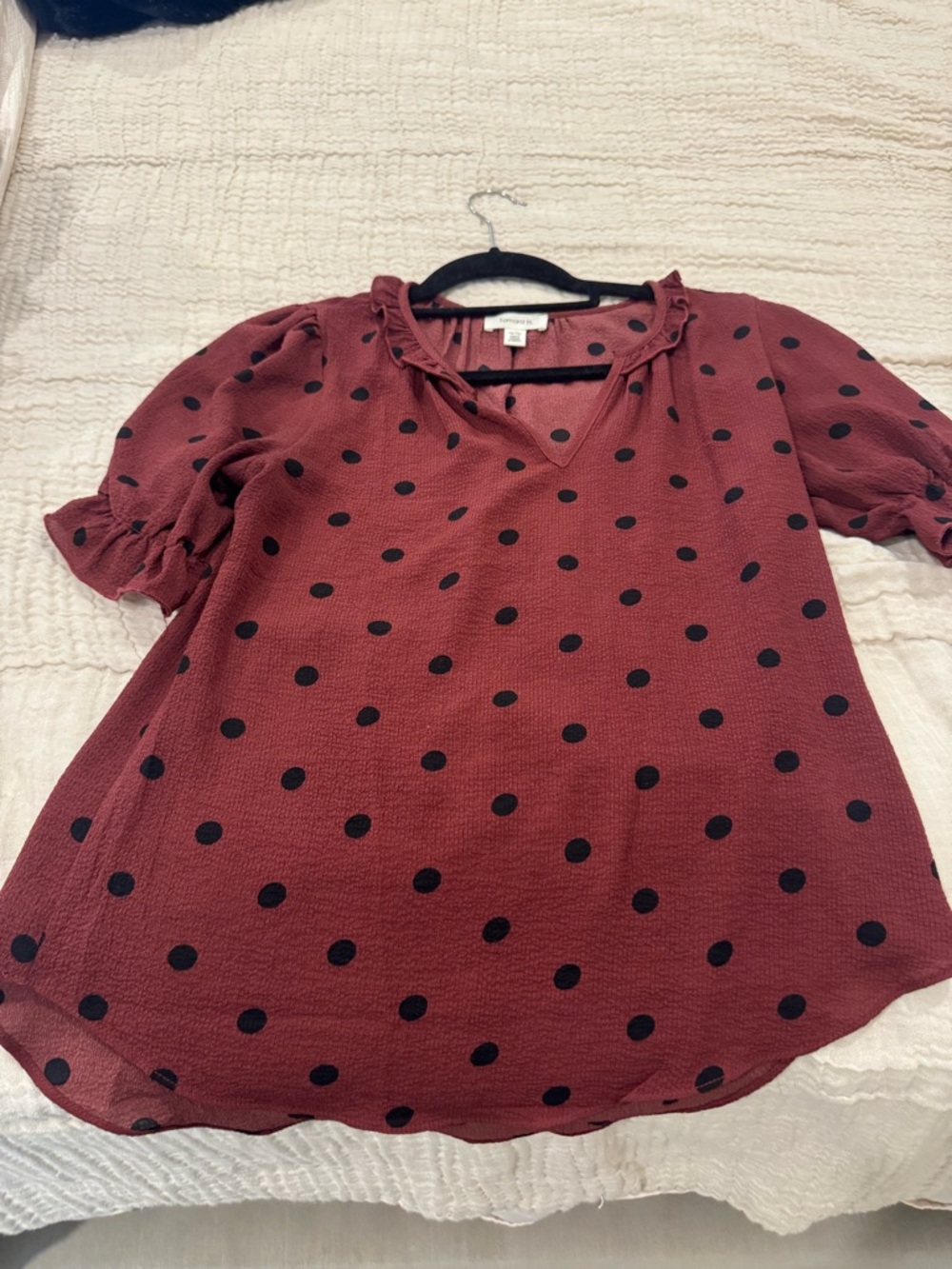 LOFT Burgundy Polka Dot Ruffle Neck Blouse